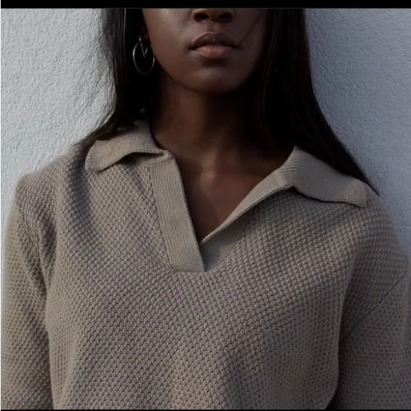 Wool Blend Knit Polo Sweater Women Long Sleeve V Neck Top With Collar - Picture 1 of 9